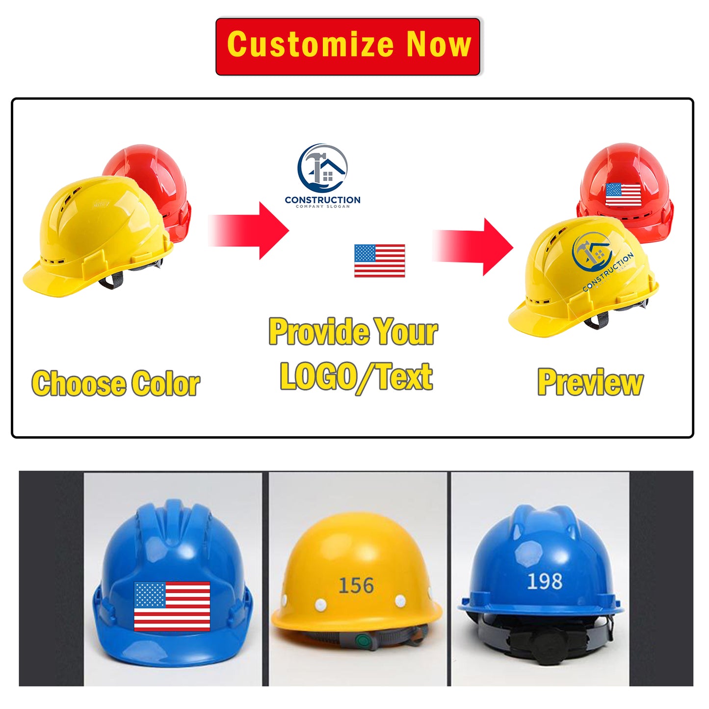 Custom Construction Helmets Custom Hard Hats Personalized Any Logo/Text Full Brim Cap 4 Point Ratchet Suspension Hard Hat with Vents for Work,Home Improvement,Headwear Protection